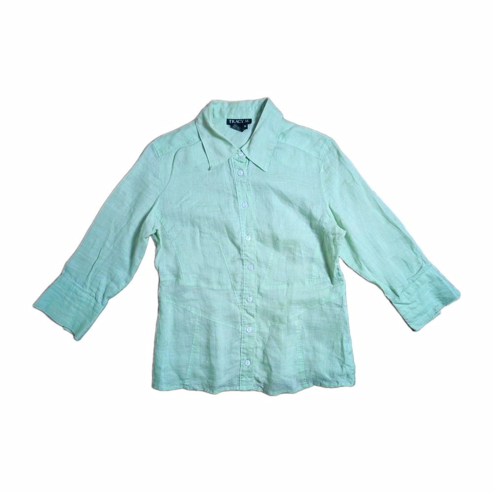 Tracy M Women's Medium 100% Linen Button Front Shirt Mint Green 3/4 Sleeve